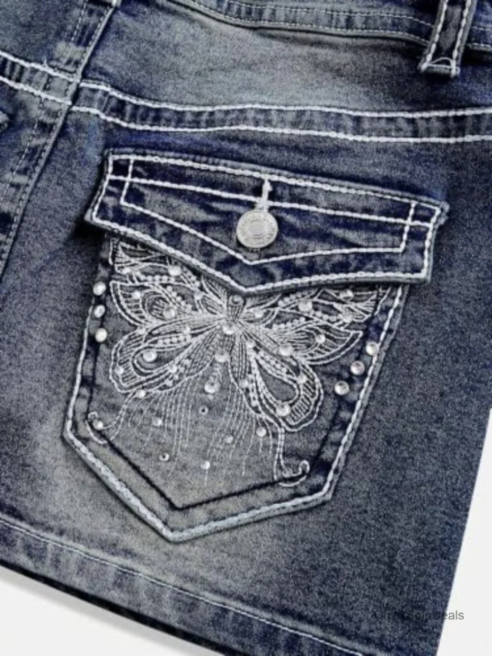 Low Rise Bodycon Mini Denim Jean Skirt Y2K Rhinestone Cross Embroidery
